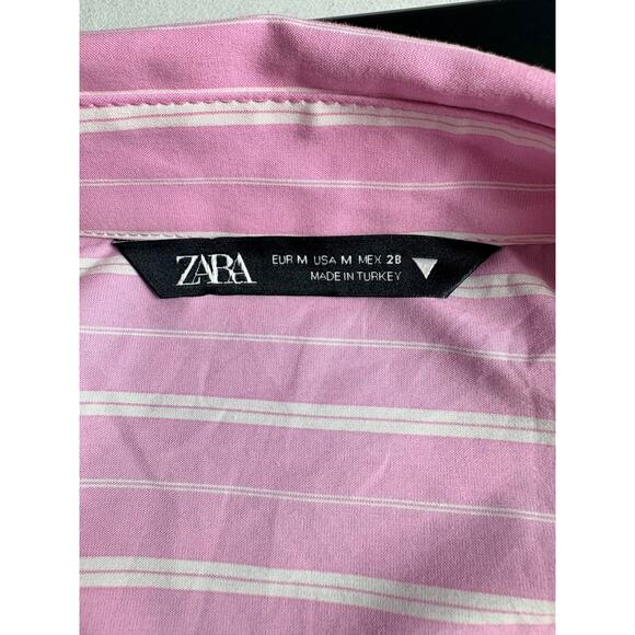 Zara Pink White Striped Collared Slim Fit Poplin Button Down Womens Shirt Size M - Picture 7 of 10